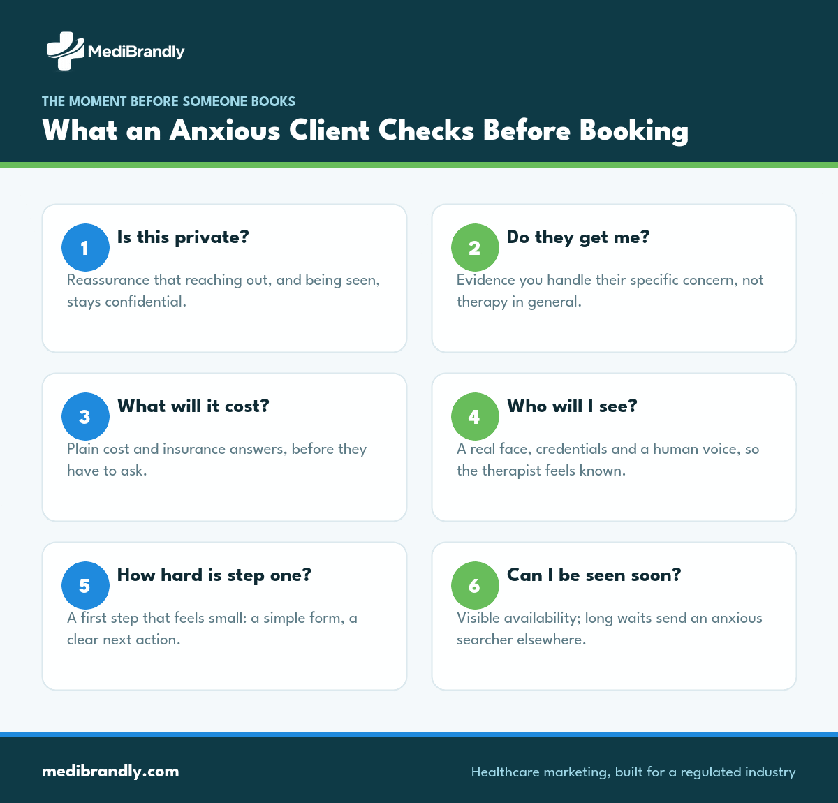 Six reassurances an anxious client looks for before booking a first therapy session